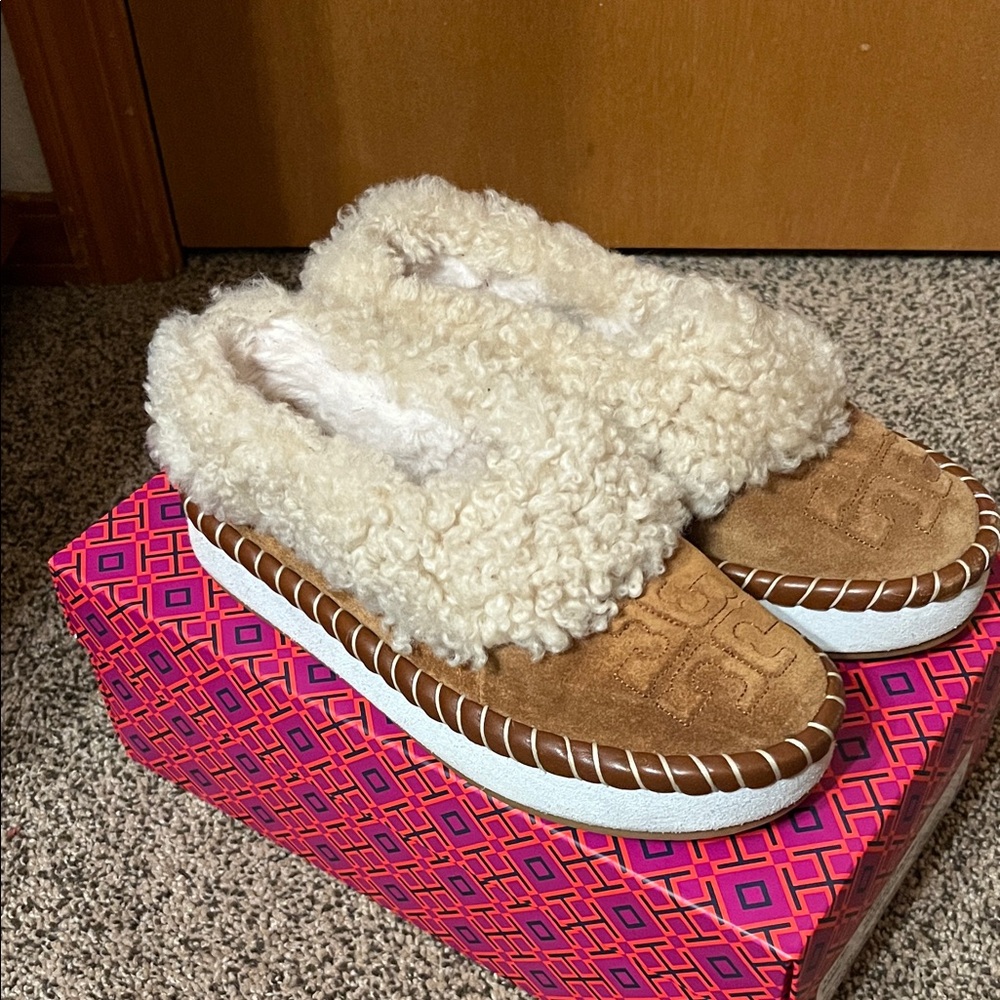 Tory Burch Shearling Suede Slippers